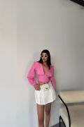 CROP POPLİN GÖMLEK YAKA KENAR DANTEL DETAYLI - Pembe resmi